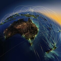 Poster - Highly detailed planet Earth at night with embossed continents, illuminated by light of cities, translucent and reflective ocean. Earth is surrounded by a luminous network, representing the major air routes based on real data
