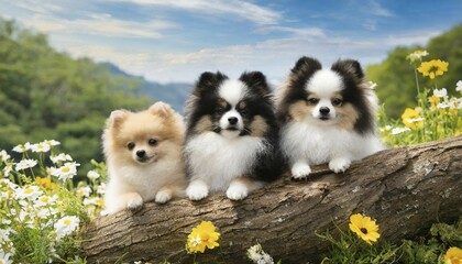 KI generated, animal, animals, mammal, mammals, dwarf spitz, Spitz, (Canis lupus familiaris), dog, dogs, bitch, Pomeranians, a bitch and two puppies lying on a tree trunk, flower meadow