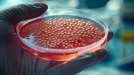 Poster - A close-up of a gloved hand gently holding a Petri dish filled with vibrant, golden spheres