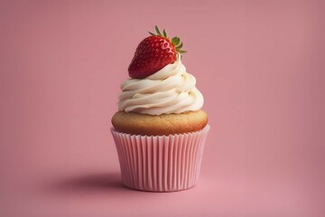 Single strawberry fruit cupcake with frosting on pastel pink colored background. Generative AI, AI generated