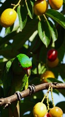 Aufkleber - A vibrant green parrot sitting on a tropical fruit tree, surrounded by bright yellow and red fruits.
