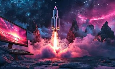 Aufkleber - Rocket launching from alien landscape, computer nearby