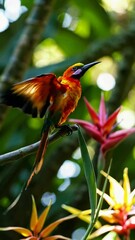 Poster - A tropical bird of paradise spreading its colorful plumage while perched on a branch surrounded by flowers.

