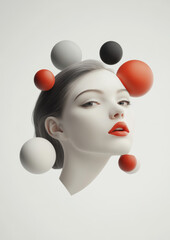 Wall Mural - A 3D rendering of a woman's head and shoulders, with red and white spheres surrounding her face.