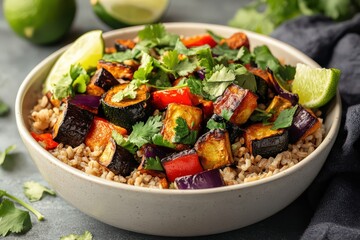 Bowl of brown rice and roasted vegetables, styled with fresh cilantro and lime wedges