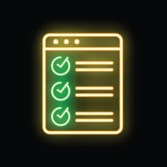 Poster - Bright neon icon of online survey with check marks indicating completion