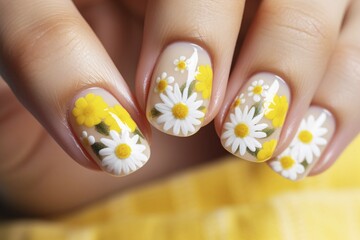 Poster - close up of woman's fingernails with summer flower nail art design with yellow and white colors. ki 