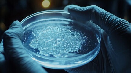 Poster - A gloved hand gently grips a Petri dish featuring a sparkling, translucent gel-like substance illuminated by ambient laboratory lighting, showcasing scientific exploration and curiosity