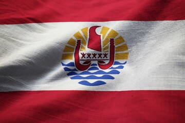 Poster - Closeup of Ruffled French Polynesia Flag, French Polynesia Flag Blowing in Wind