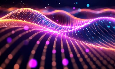 Fototapete - Abstract glowing data wave, digital landscape, vibrant particles, background, tech design
