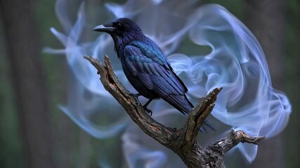 Aufkleber - A regal black raven perched on an ancient branch, its feathers subtly illuminated by arcane symbols shimmering in the darkness.

