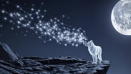 Aufkleber - A ghostly wolf standing on a rugged cliff, exhaling mist that sparkles with hidden constellations against the faint glow of the moon.
