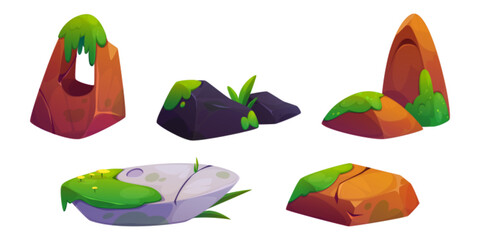 Poster - Mossy rock collection with cartoon landscape elements for game environment. Stone shapes covered with green vegetation in various formations - arch, cave, cliff and platform. Fantasy terrain assets.