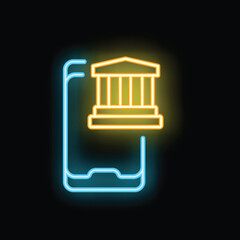 Poster - Neon sign is showing the concept of mobile banking with a smartphone and a bank building