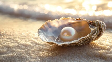 Poster - As the vibrant hues of the sunset melt into the horizon, an oyster rests gently on the sandy beach, cradling a beautifully iridescent pearl, reflecting the warm glow of twilight