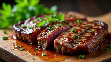 Wall Mural - Juicy grilled steak slices seasoned with fresh herbs, resting on a wooden board with flavorful juices