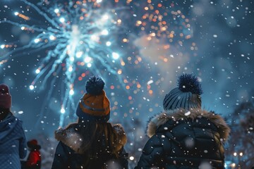 Poster - Back view of 2 young people in winter clothes celebrating new year with fireworks. Generative Ai, AI generated