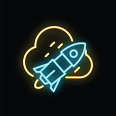Poster - neon rocket launching from cloud icon illustration on black background