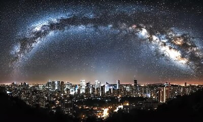 Poster - Milky Way arches over cityscape at night; travel poster