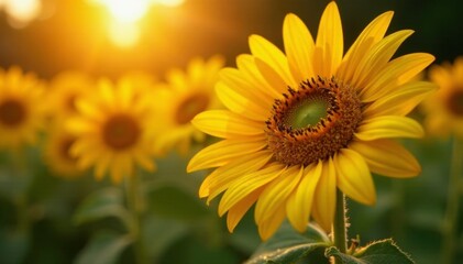 Wall Mural - Sunflowers glisten with dew in the morning light, dew, golden light