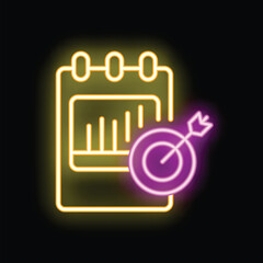 Poster - Neon sign of a notebook with a bar chart and a target with an arrow, representing the concept of achieving goals