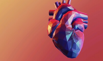 Wall Mural - Low poly style illustration of a human heart on red background AI generated