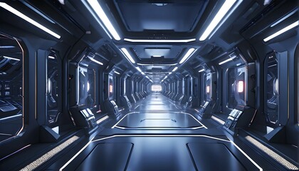 Poster - Three dimensional render of futuristic corridor inside a spaceship or space station, AI generated