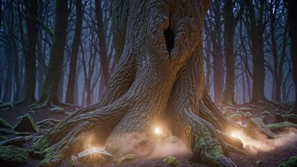 Poster - An ancient tree with exposed roots, softly pulsating with light from within, surrounded by mysterious runic symbols etched on stones.
