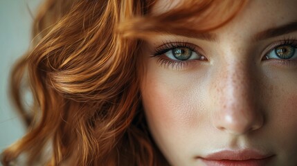 Poster - With a serene expression, the girl gazes directly at the viewer, her vibrant red hair framing her face. Soft, diffused light highlights her striking green eyes and delicate freckles