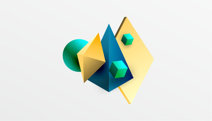 Aufkleber - Abstract design showcasing isometric cubes, pyramids, squares, and spheres in a vibrant 3D layout. Modern and dynamic, perfect for tech, design, or futuristic themes