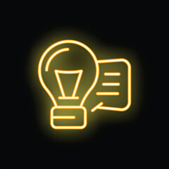 Poster - Yellow neon icon of a light bulb shining near a document, symbolizing the process of generating ideas