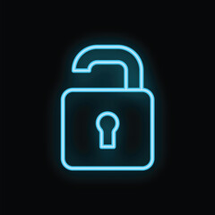 Poster - Blue neon open padlock icon glowing on a black background representing safety and security