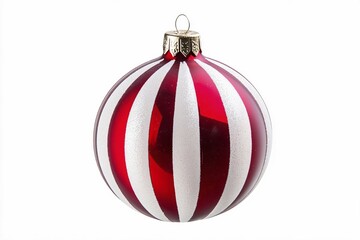 single red and white striped christmas bauble ornament on white background. generative ai, ai genera