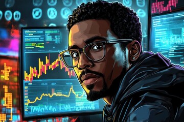 Poster - Young analyst observing market trends in vibrant office