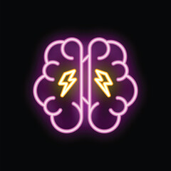 Poster - Neon brain with electric bolts is glowing on dark background, representing concept of brainstorming and big ideas