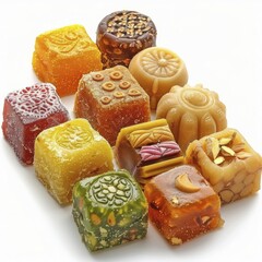 Wall Mural - A collection of traditional colorful square sweets with intricate patterns, showcasing a vibrant variety, AI generated
