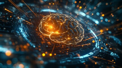 Leinwandbilder - A vibrant, digital representation of a brain, surrounded by glowing particles and intricate patterns, symbolizing advanced technology and intelligence.