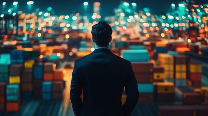 Aufkleber - A businessman stands overlooking a bustling shipping port filled with colorful containers, illuminated by city lights at night.