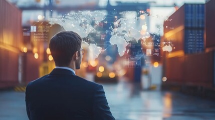 Aufkleber - A business professional stands facing shipping containers, with a digital world map overlay, symbolizing global trade and logistics.