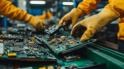 Aufkleber - A worker assembles electronic components on a green conveyor belt, wearing protective gloves in a busy manufacturing environment.