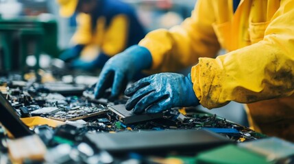Aufkleber - Workers in protective gear assemble electronic devices, focusing on precision in a factory environment filled with components and machinery.