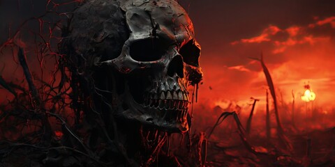 Poster - A skull is shown in a field with a red sky