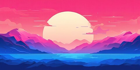 Poster - A mountain range with a large pink and blue sun in the sky