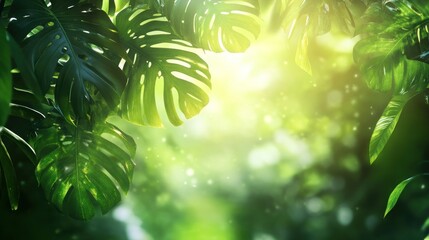 Wall Mural - lush green tropical leaves with sunbeams filtering through.