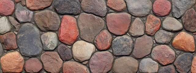 Poster - Seamless texture of multicolored river stones, cobblestones, pebbles arranged in a wall.