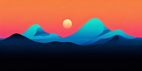 Poster - A mountain range with a blue sky and a sun in the sky
