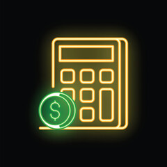 Poster - Glowing neon line icon of a calculator with a dollar coin representing a financial operation