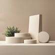 © Shahid Mehmood/imageBROKER - Modern design featuring geometric shapes in neutral colors, contrasted with a small green plant for a minimalistic look, AI generated
