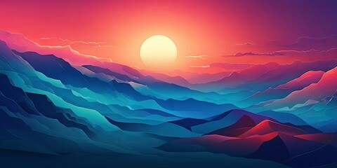 Poster - A mountain range with a blue sky and a large sun