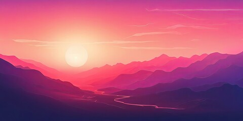 Poster - A mountain range with a pink sun in the sky